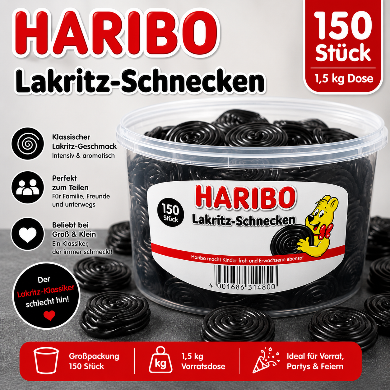 Haribo Lakritz Schnecken 150 Stück - 1,5 kg Dose