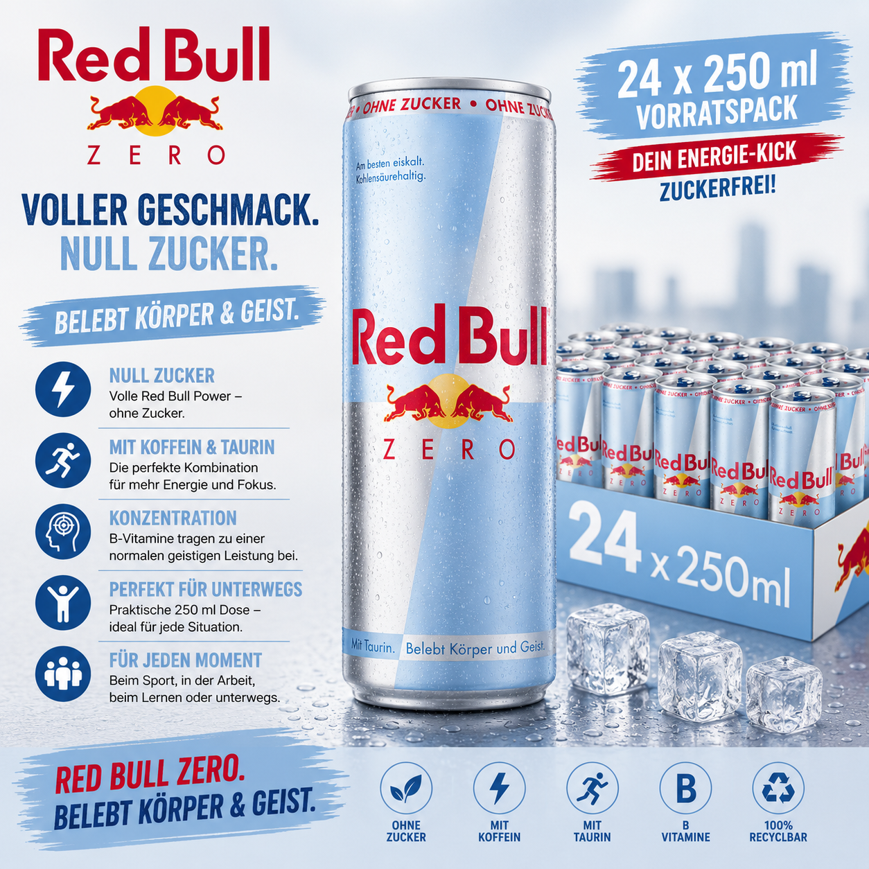 Red Bull Energy Drink Zero Einweg - 24 x 250 ml Tray