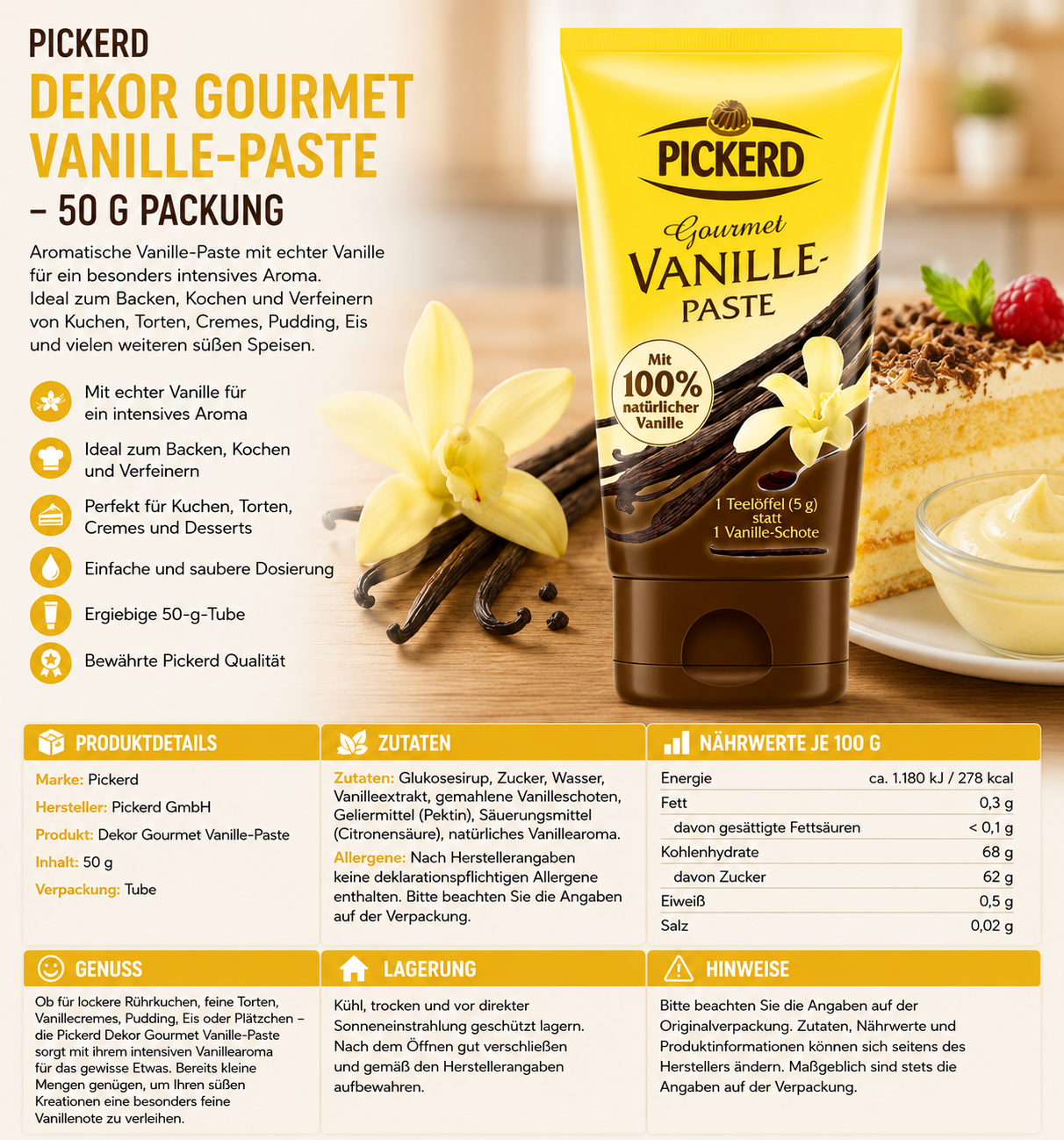 Pickerd Dekor Gourmet Vanille-Paste - 50 g Packung