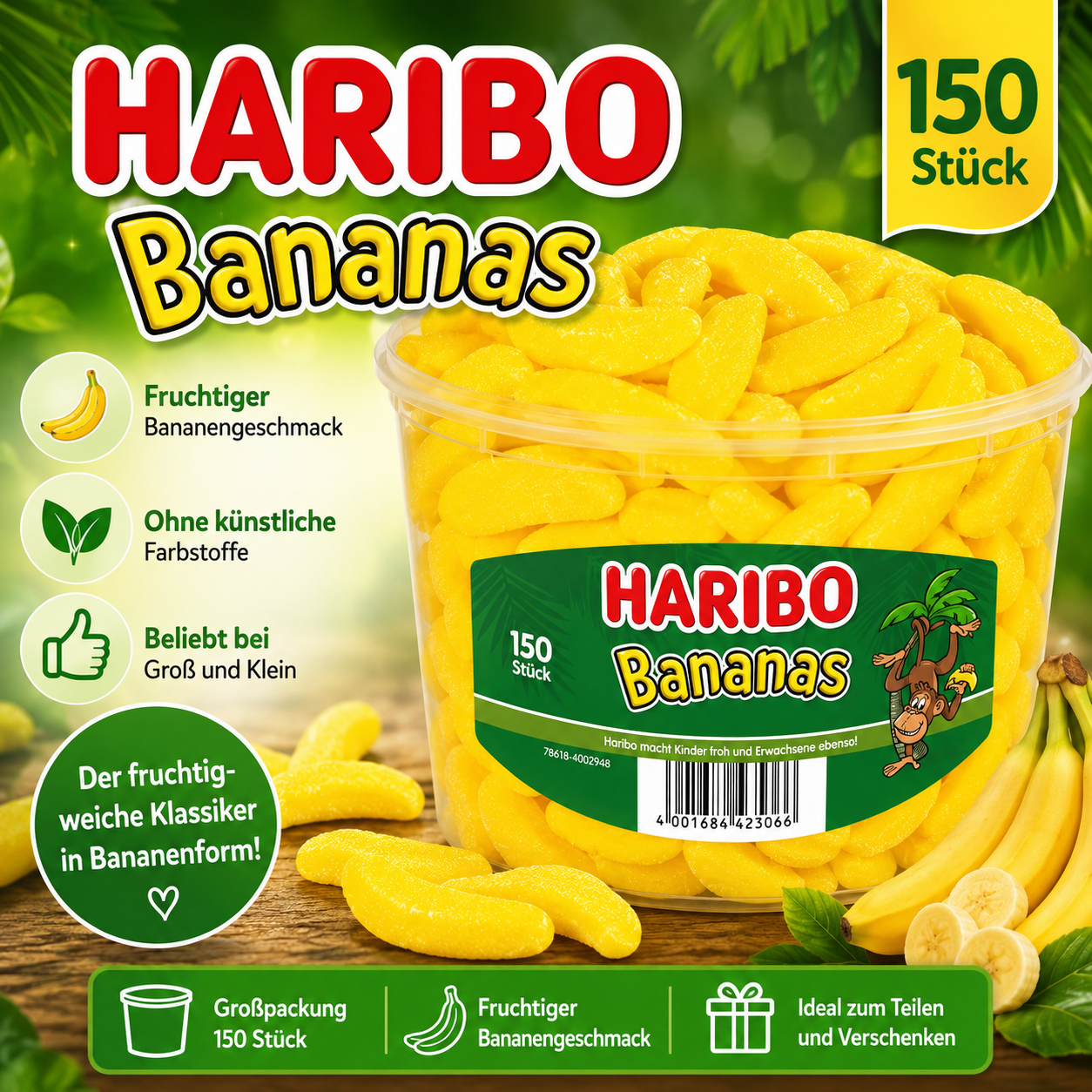 Haribo Bananas 150 Stück - 1,05 kg Dose