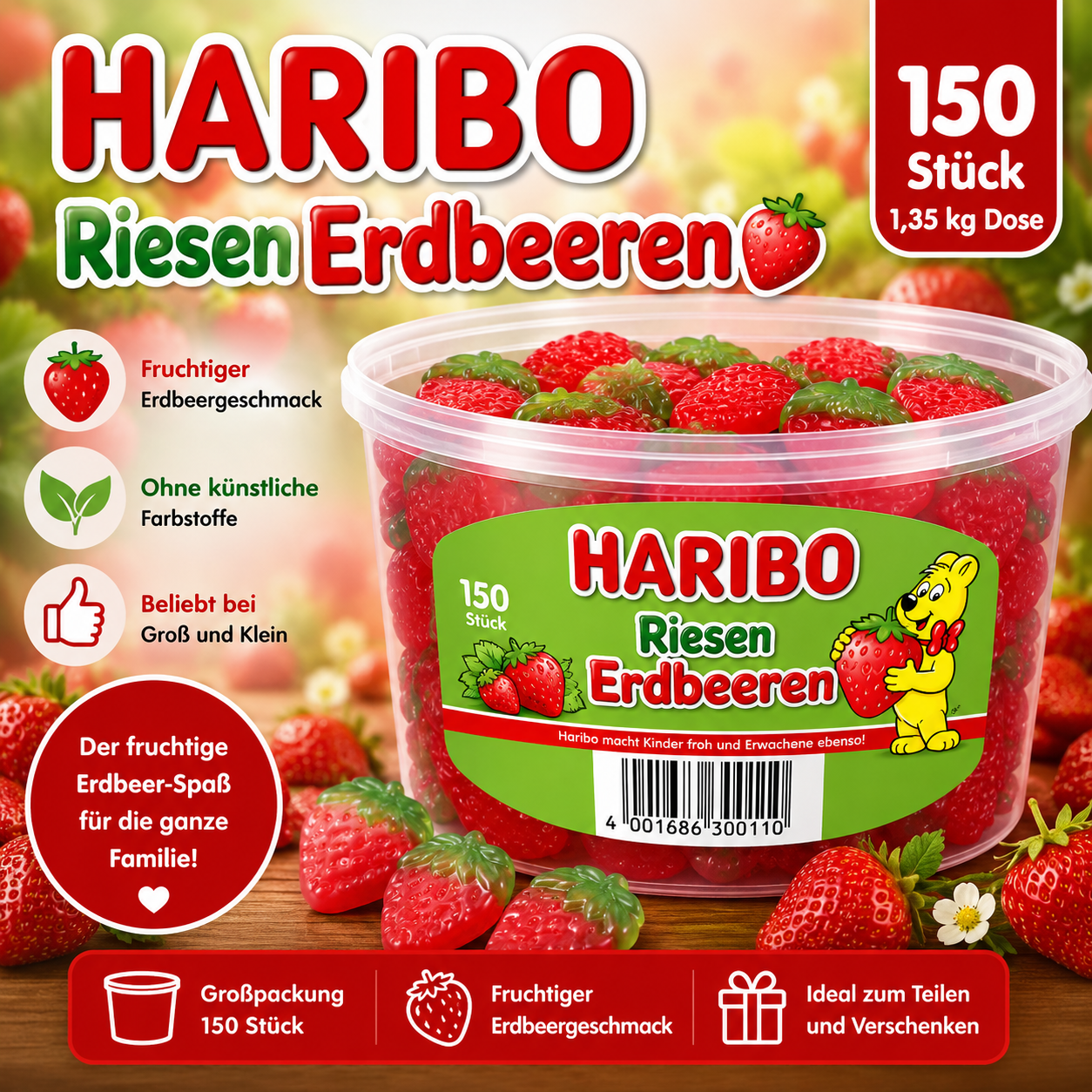 Haribo Riesen Erdbeeren 150 Stück - 1,35 kg Dose