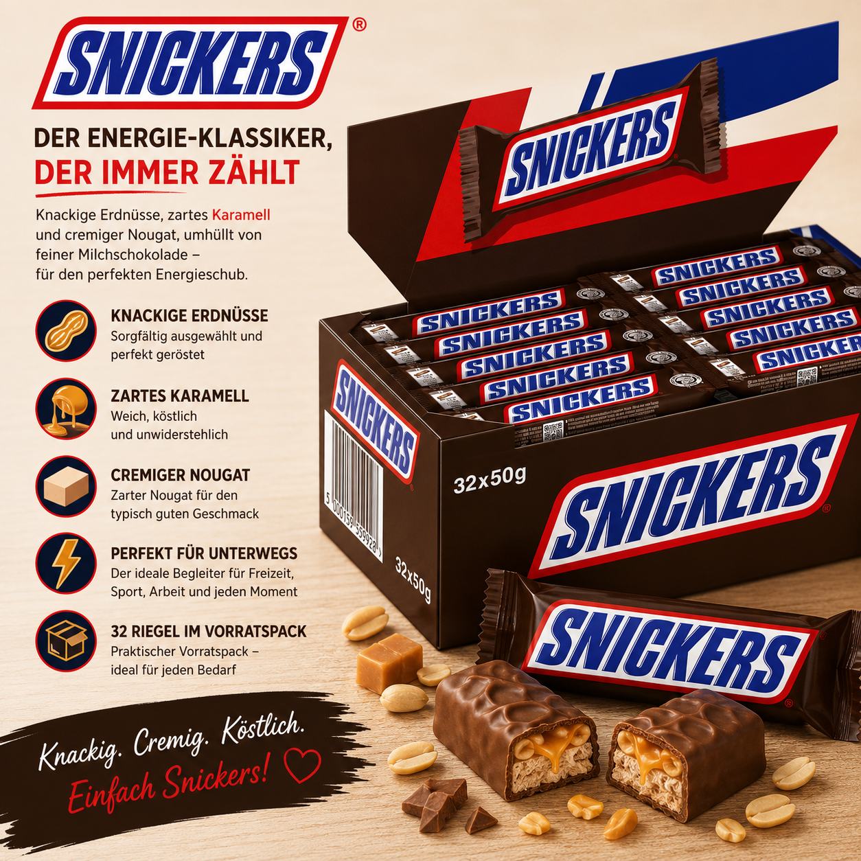 Snickers Schokoriegel – 32 × 50 g Vorteilspack