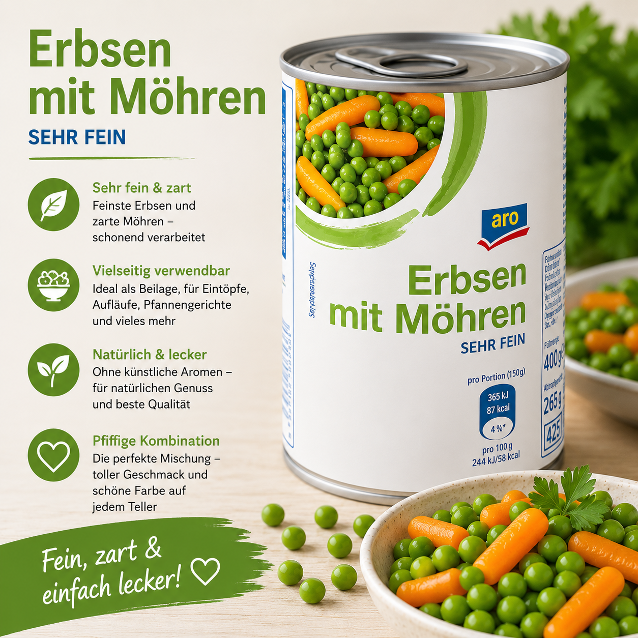 aro Erbsen mit Möhren sehr fein - 425 ml Dose