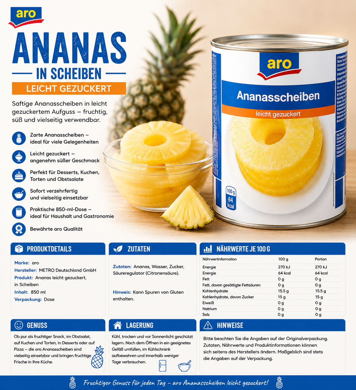 aro Ananas leicht gezuckert, in Scheiben – 850 ml Dose
