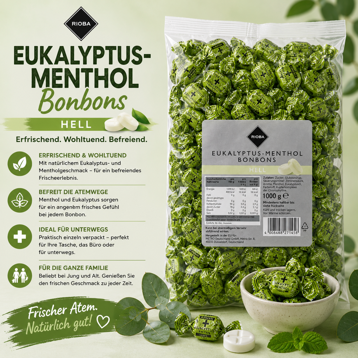 RIOBA Eukalyptus Menthol Bonbons 1 kg Beutel