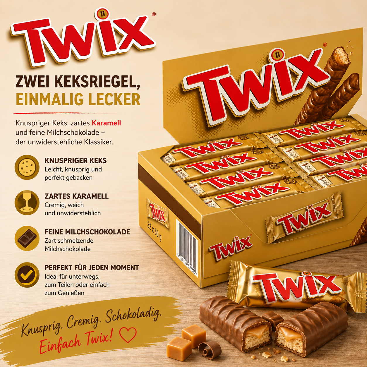Twix Schokoriegel – 32 × 50 g Vorteilspack