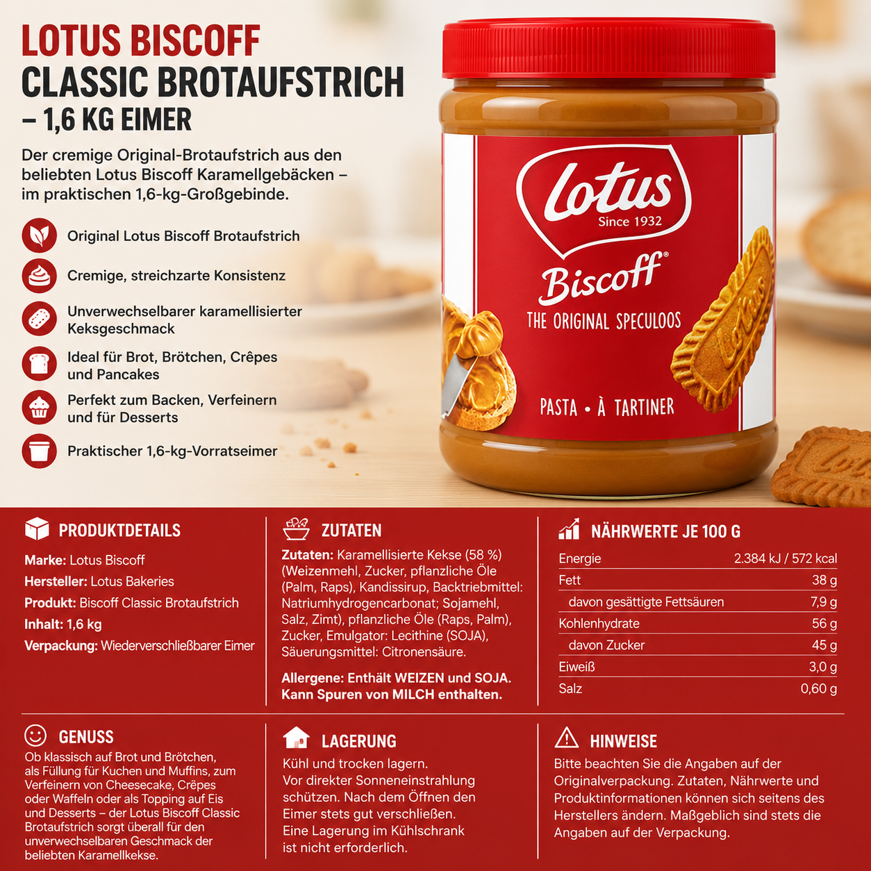 Lotus Biscoff Classic Brotaufstrich - 1,6 kg Eimer