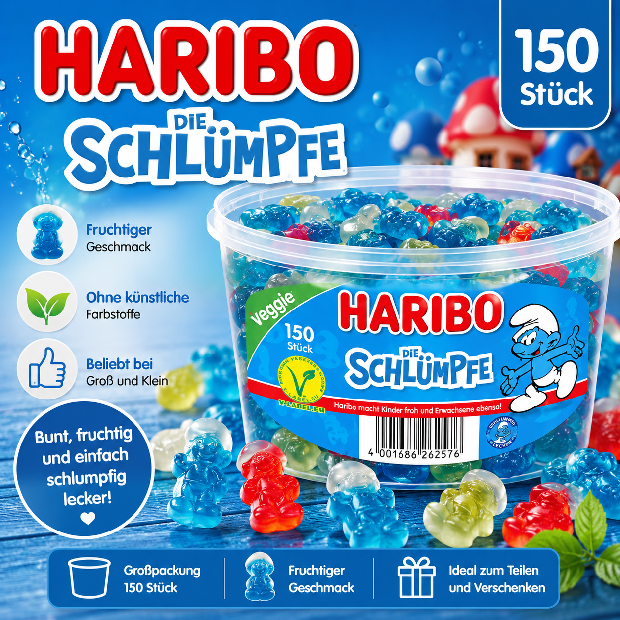 Haribo Die Schlümpfe 150 Stück - 1,35 kg Dose