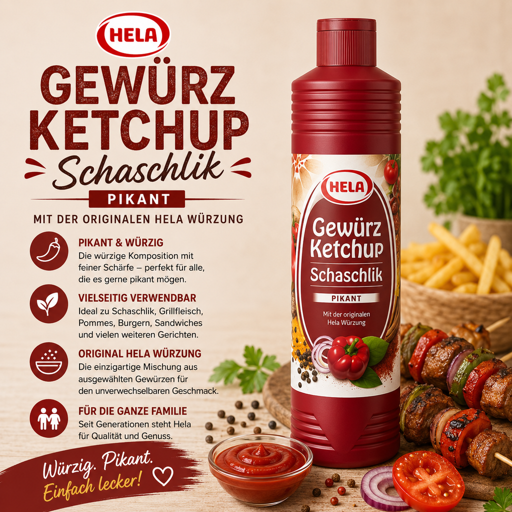Hela Gewürz Ketchup Schaschlik pikant - 800 ml Flasche