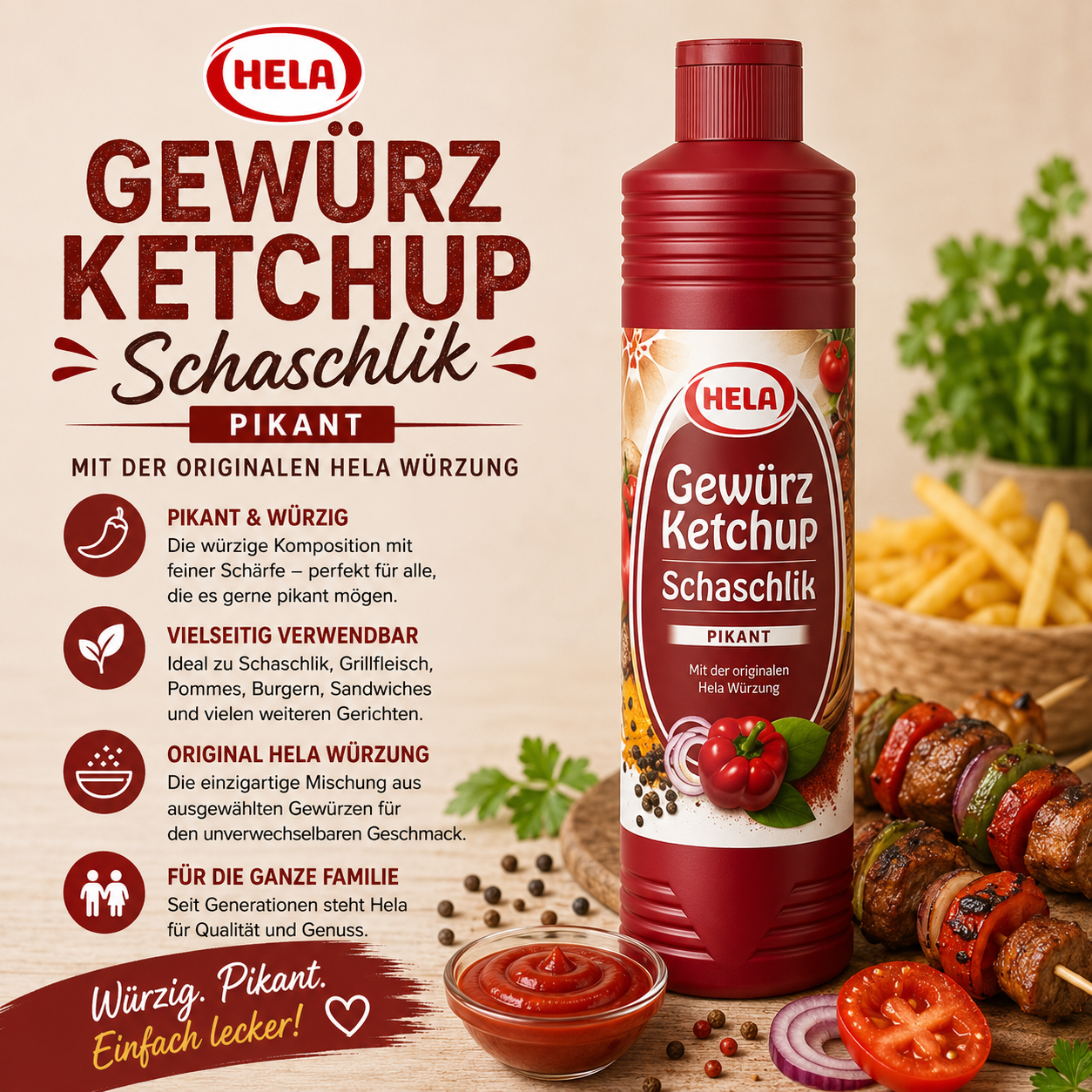 Hela Gewürz Ketchup Schaschlik pikant - 800 ml Flasche