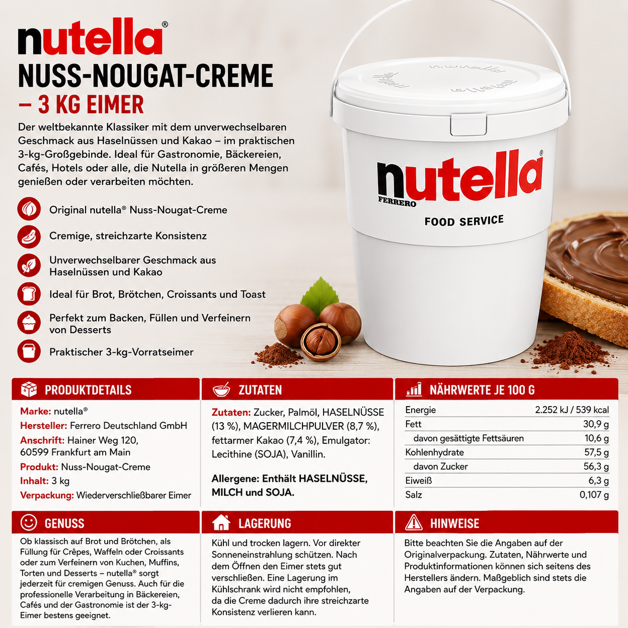 nutella Nutella Nuss-Nougat-Creme 3 kg Eimer