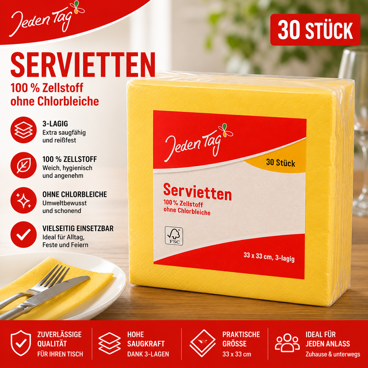 Jeden Tag Servietten 33x33cm in Gelb 3lg (30 St)