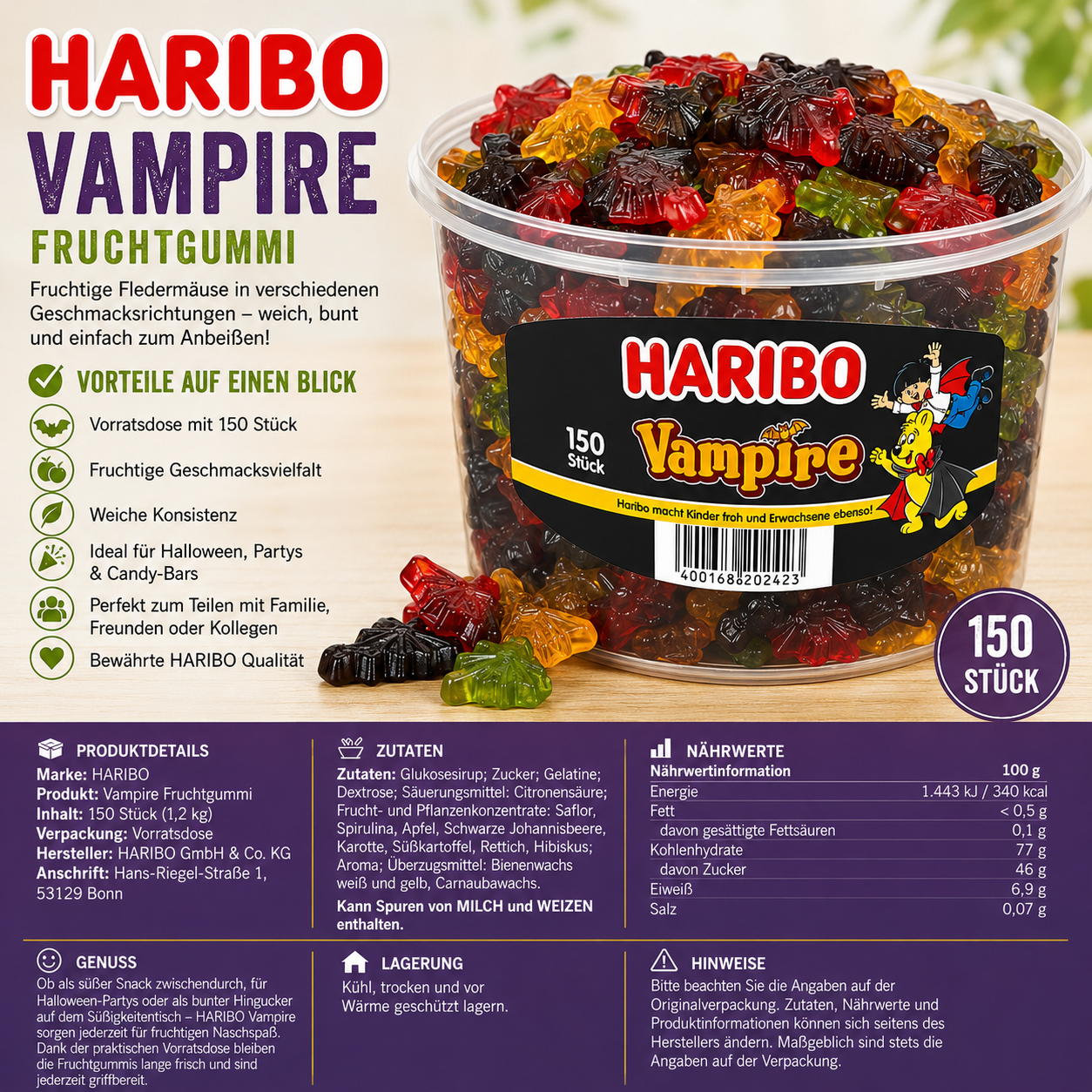 Haribo Vampire 150 Stück - 1,2 kg Dose