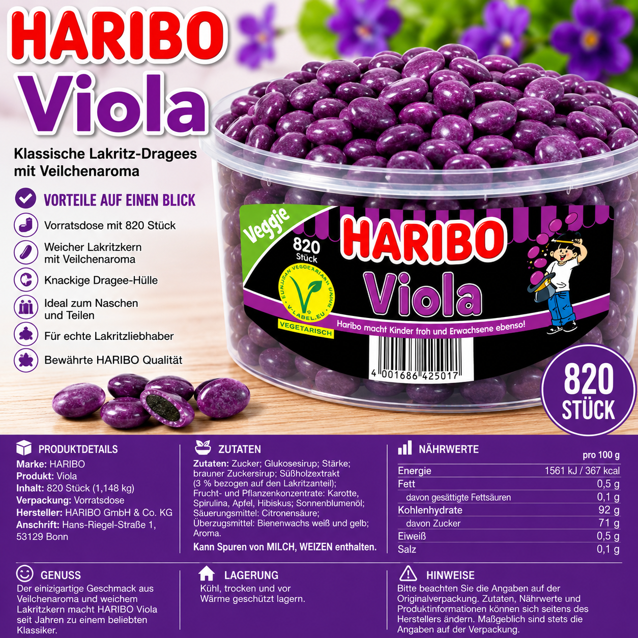 Haribo Viola 820 Stück - 1,148 kg Dose