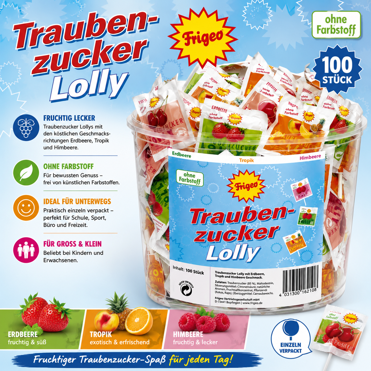 Frigeo Traubenzucker Lolly mit Erdbeer-,Tropic- & Kirschgeschmack, 100 Stück à 7,5 g - 750g Packung