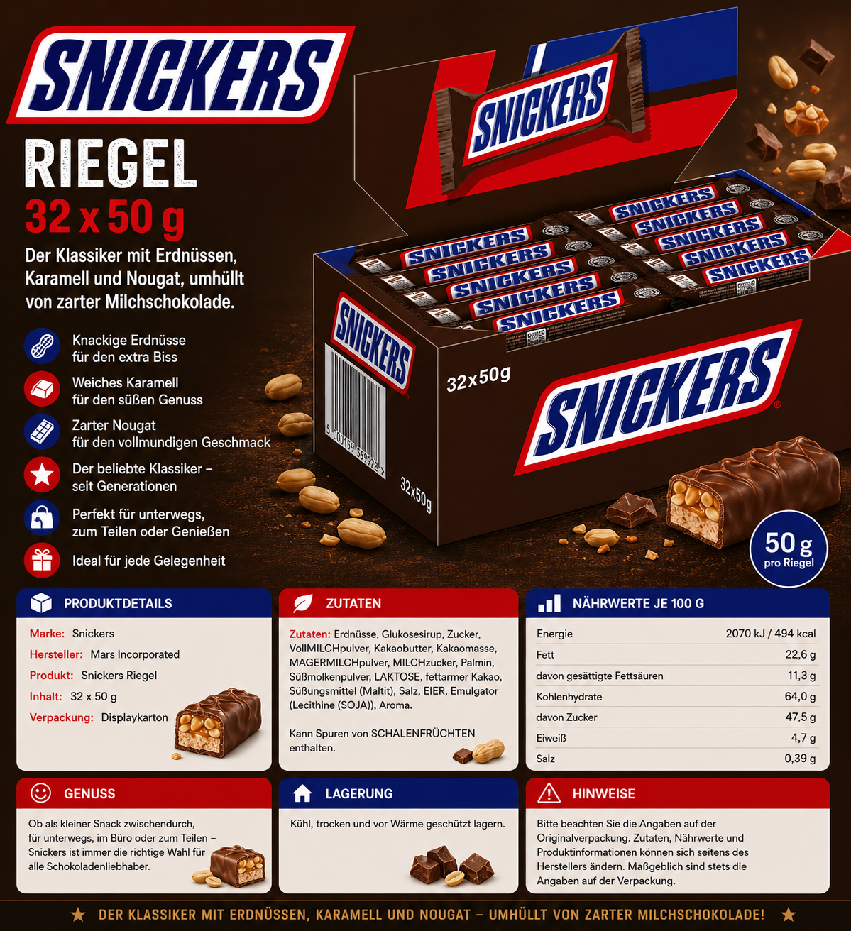 Snickers Schokoriegel – 32 × 50 g Vorteilspack