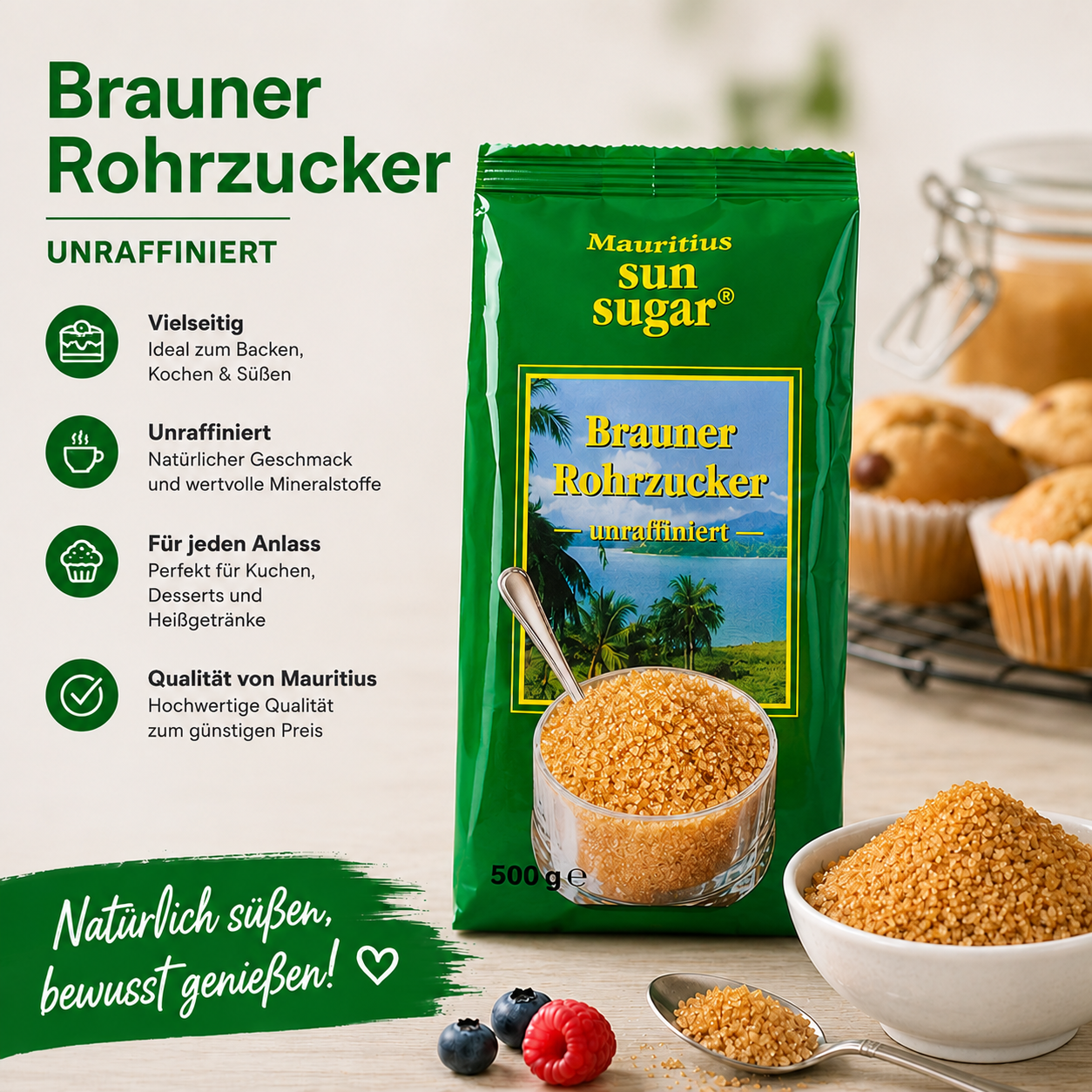 Sun Sugar Mauritius brauner Rohrzucker - 500 g Packung