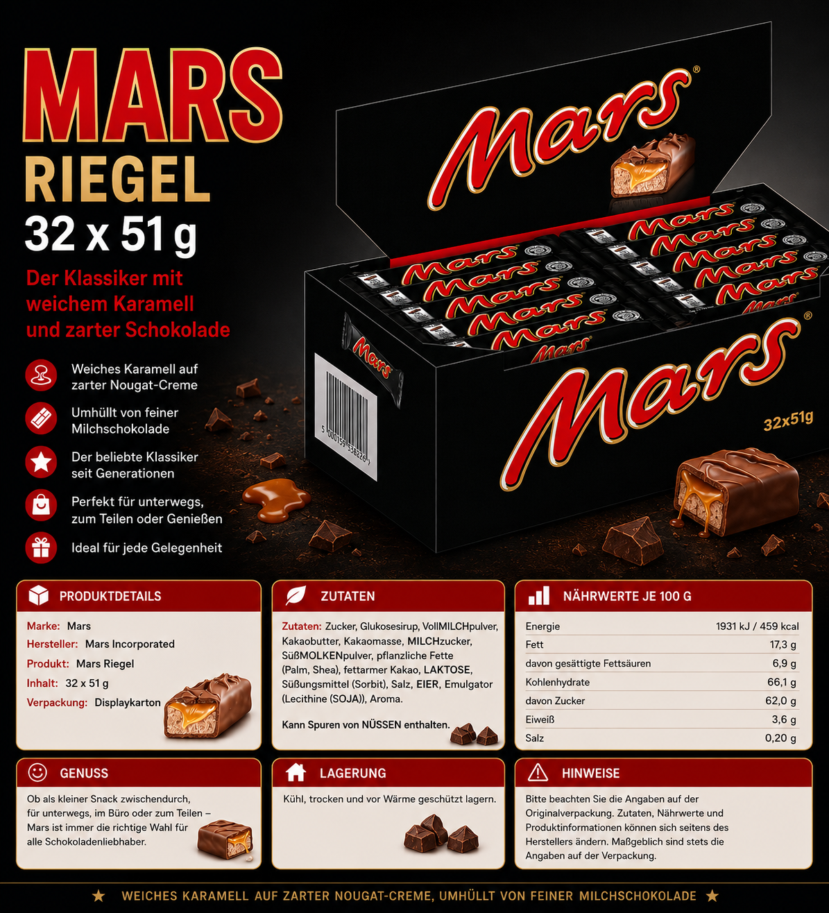 Mars Schokoriegel – 32 × 51 g Vorteilspack