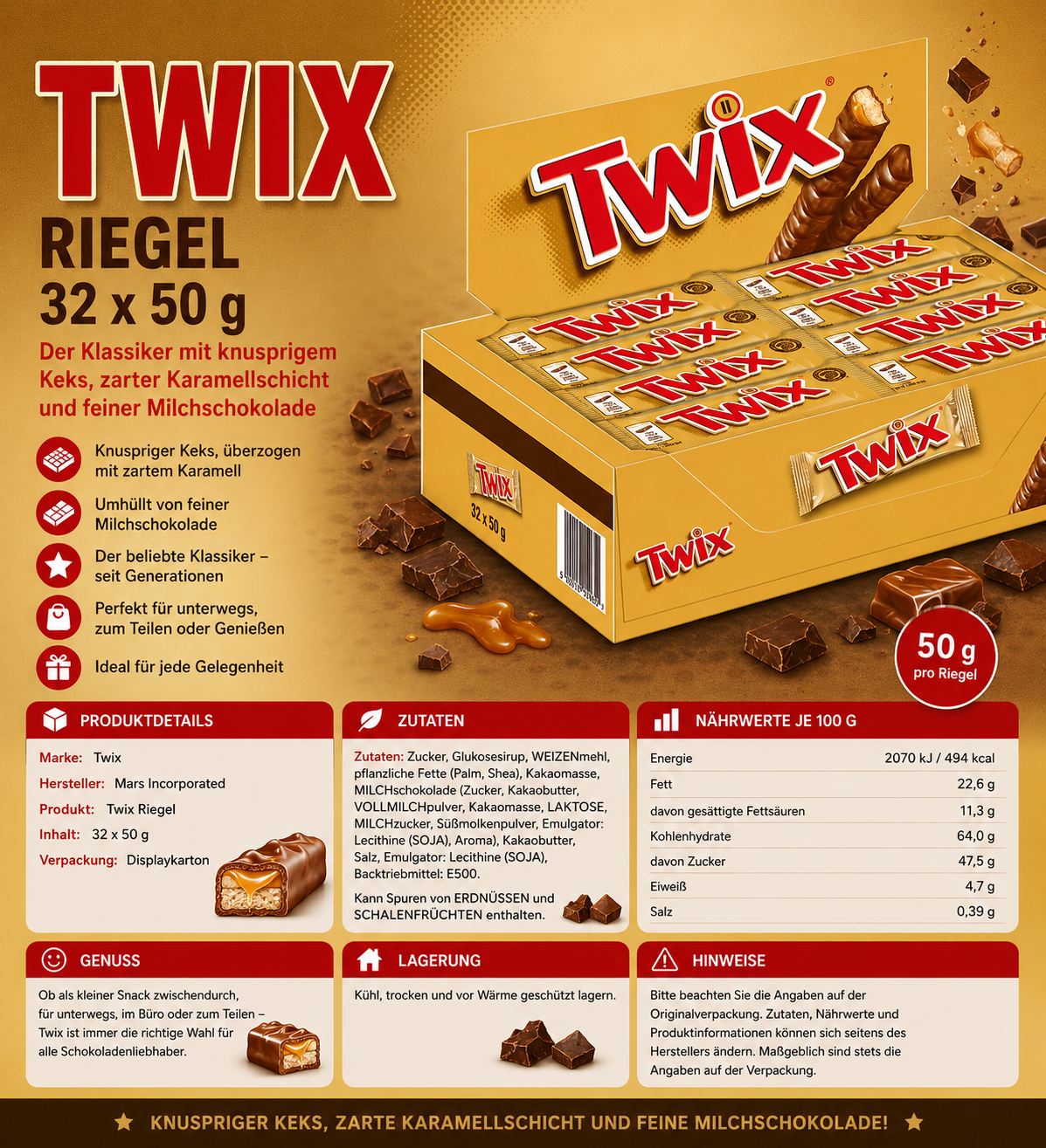 Twix Schokoriegel – 32 × 50 g Vorteilspack