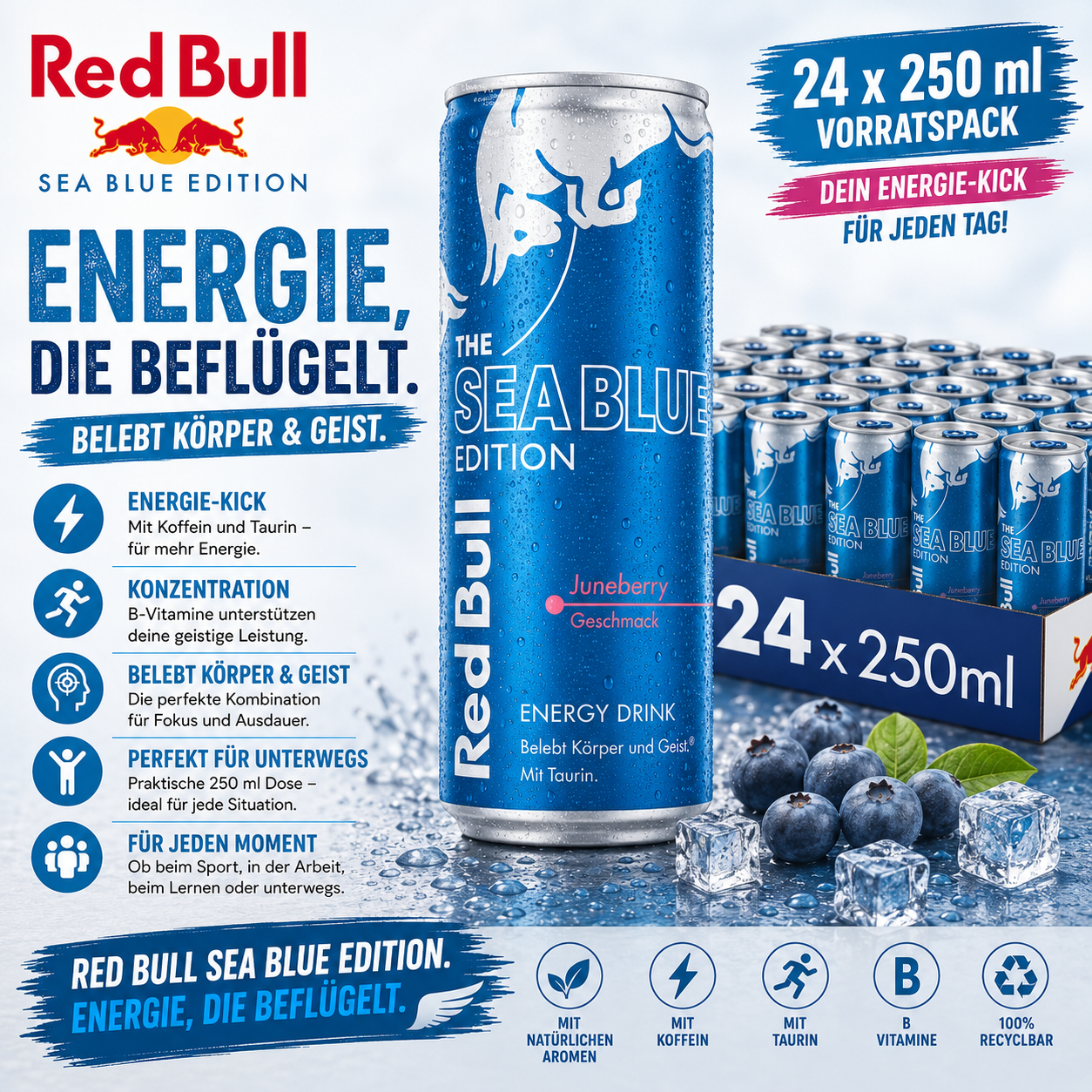 Red Bull Energy Drink Sea Blue Edition Juneberry Einweg - 24 x 250 ml Tray