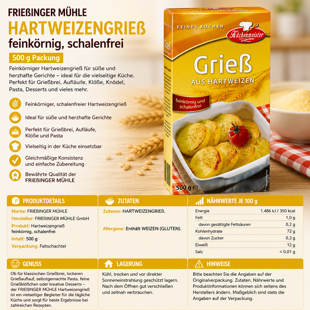 FRIEßINGER MÜHLE Hartweizengrieß feinkörnig, schalenfrei - 500 g