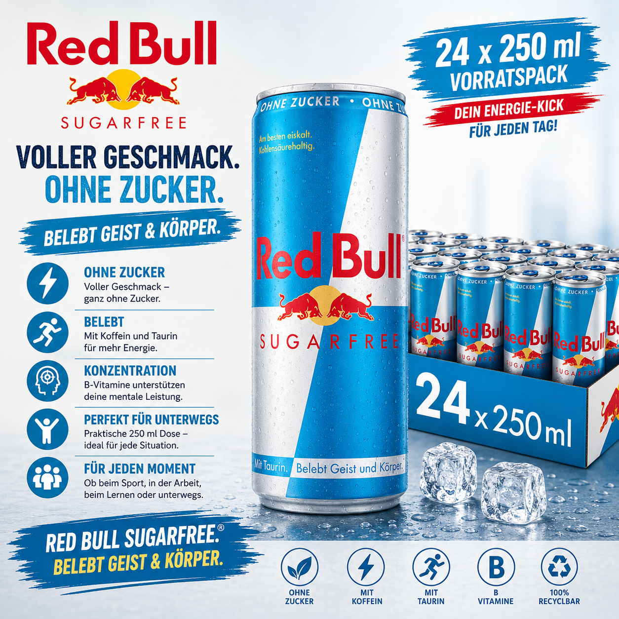 Red Bull Energy Drink Sugarfree Einweg - 24 x 250 ml Tray