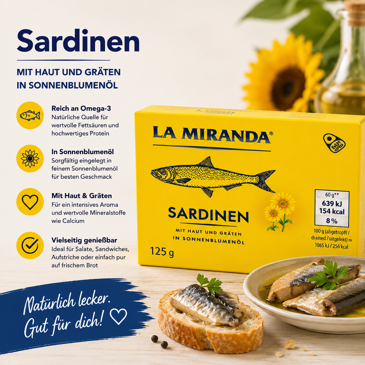 La Miranda Sardinen in Sonnenblumenöl mit Haut & Gräten - 125 g Faltschachtel
