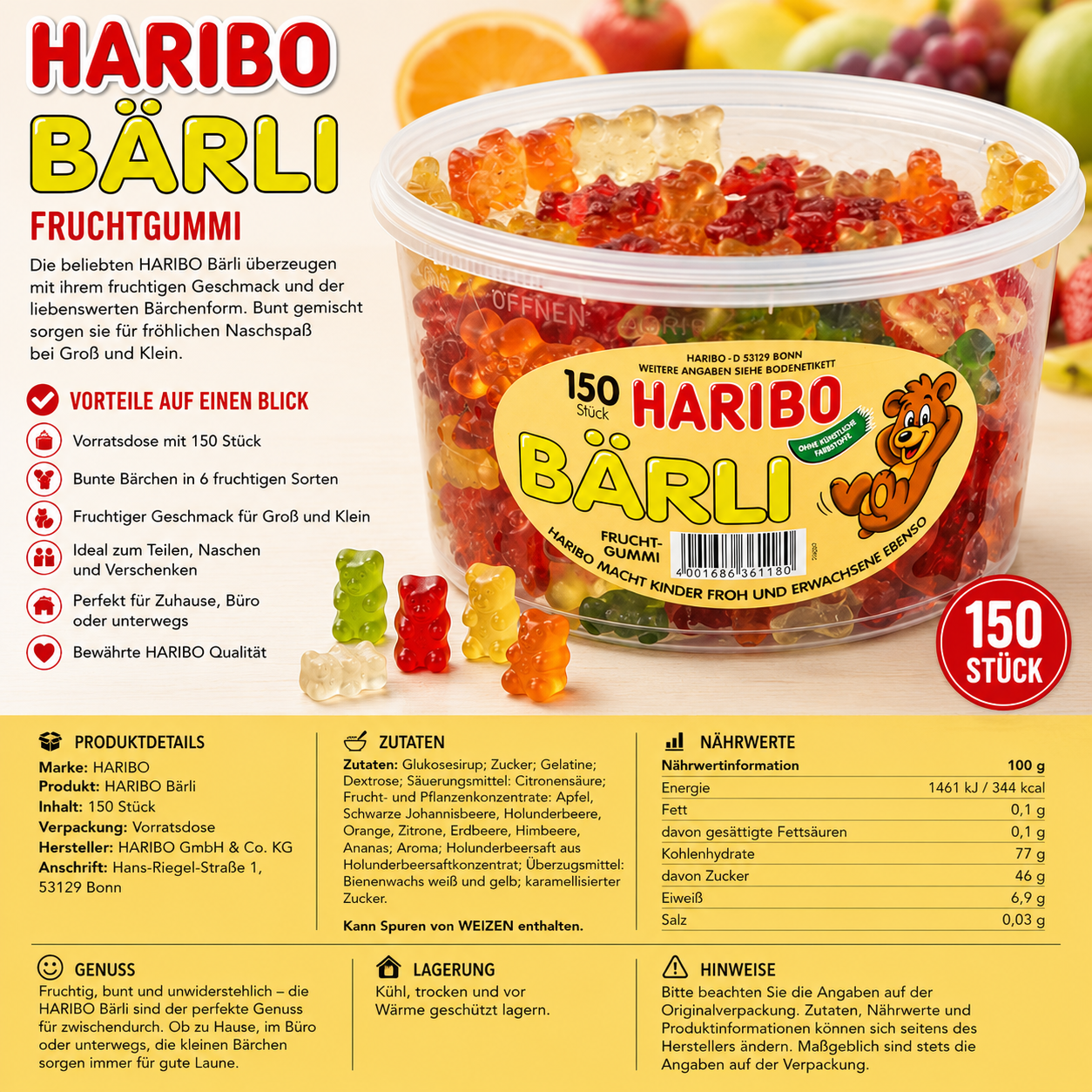Haribo Bärli 150 Stück - 1,2 kg Dose