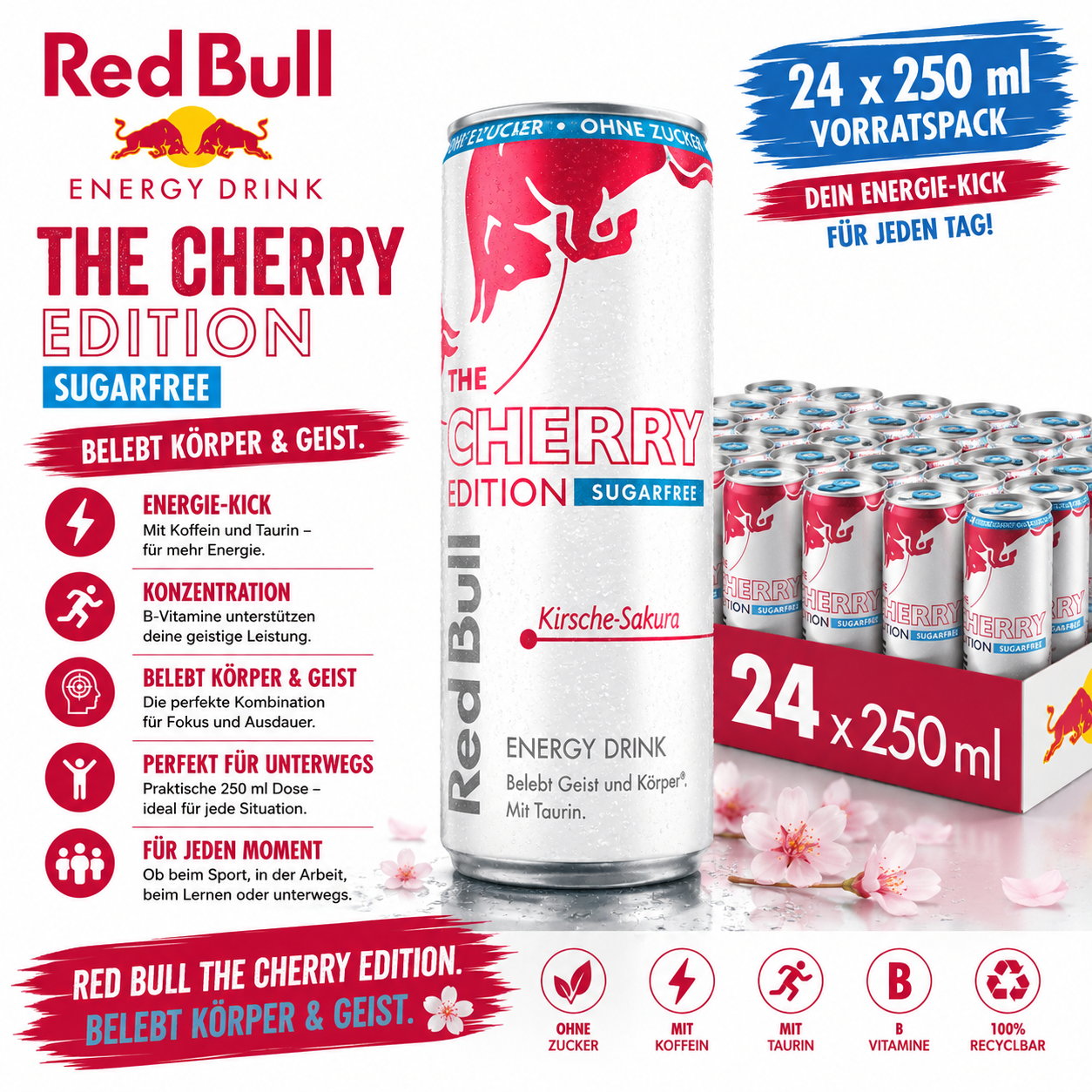 Red Bull Energy Drink Spring Edition Kirsche-Sakura Sugarfree Einweg – 24 × 250 ml Dosen