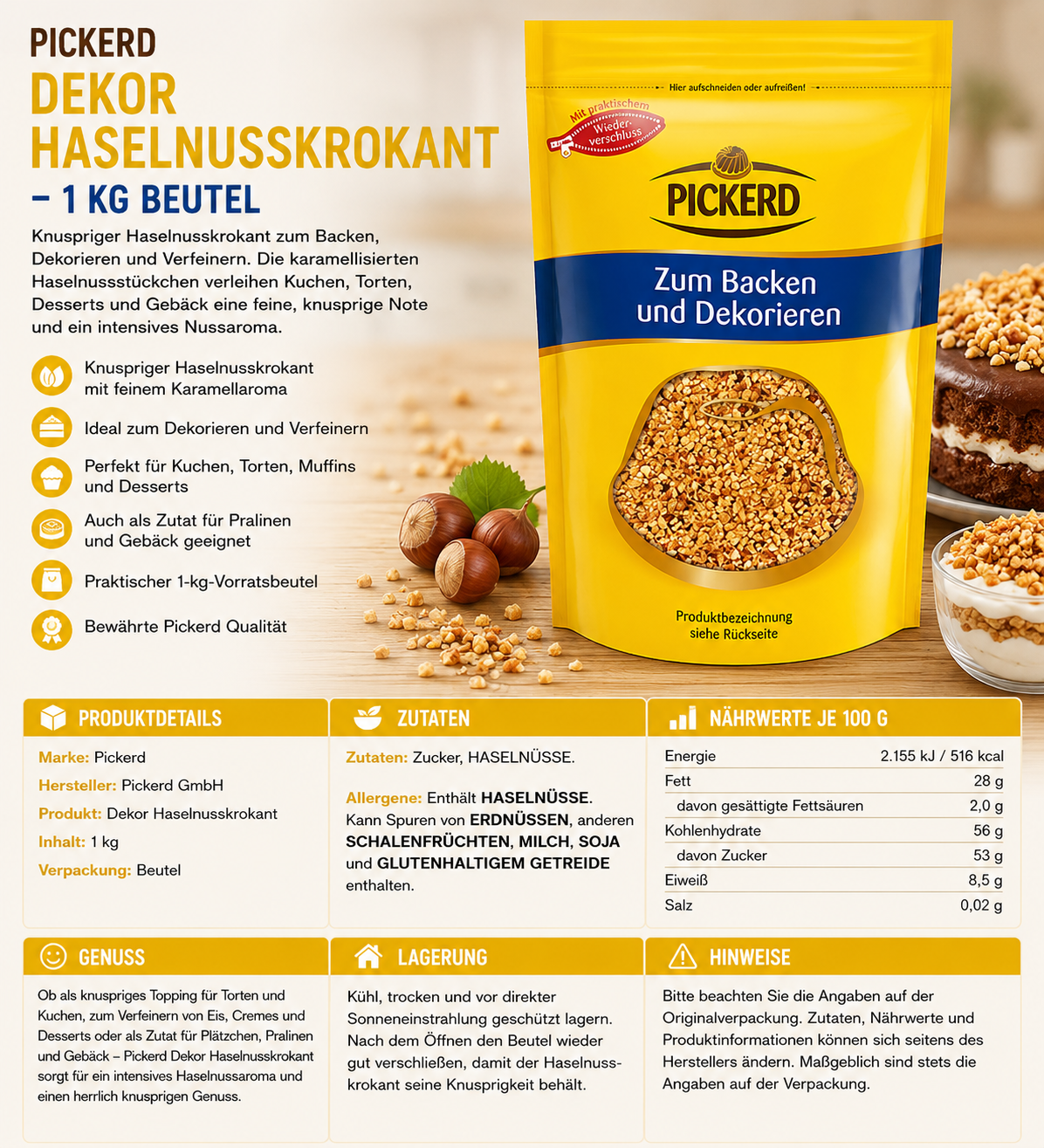 Pickerd Dekor Haselnusskrokant 1 kg Beutel