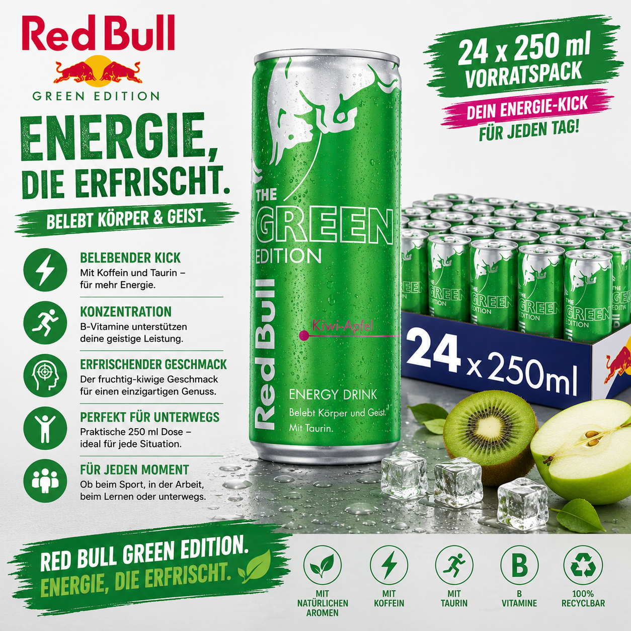 Red Bull Energy Drink Green Edition Kaktusfrucht Einweg - 24 x 250 ml Tray