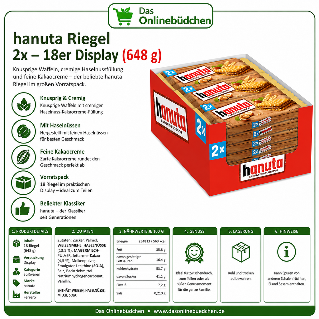 hanuta Einzelportionen Haselnuss Schnitte, 2er - 18 x 44 g Riegel