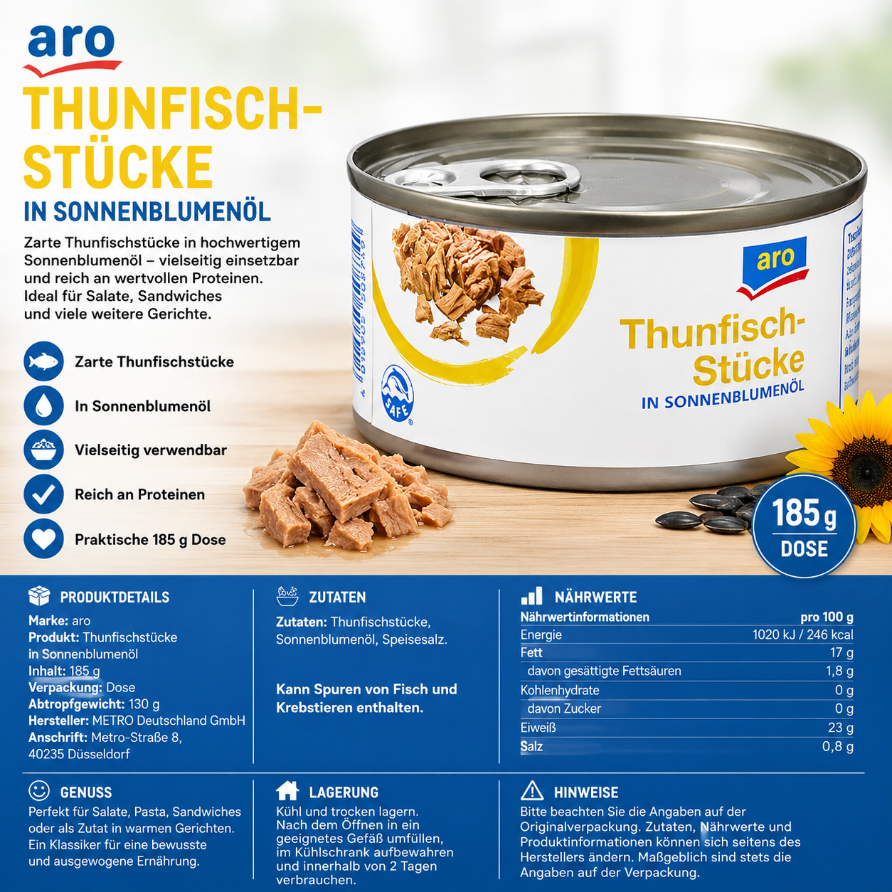 aro Thunfischstücke in Sonnenblumenöl - 185 g Dose