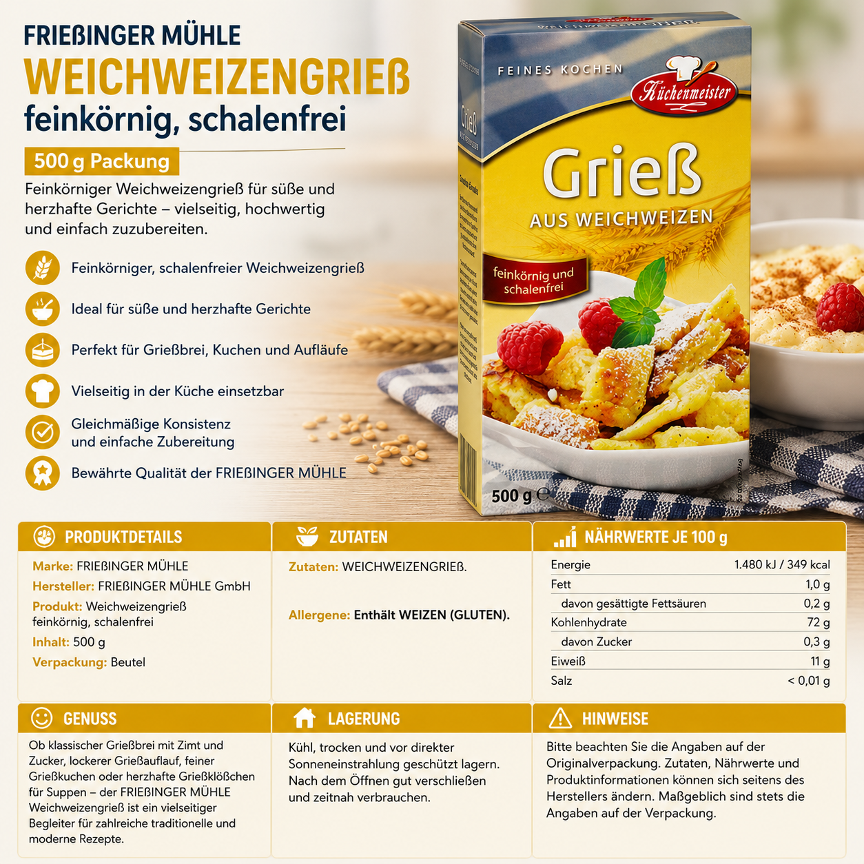 FRIEßINGER MÜHLE Weichweizengrieß feinkörnig, schalenfrei - 500 g Packung