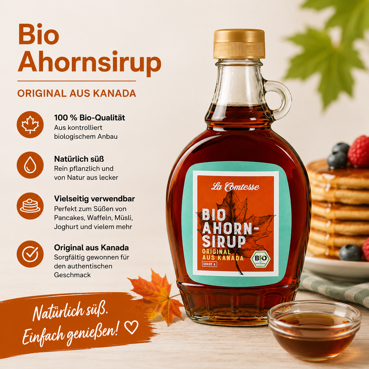 La Comtesse Bio Ahorn Sirup Kanada Grad A – 250 ml Flasche
