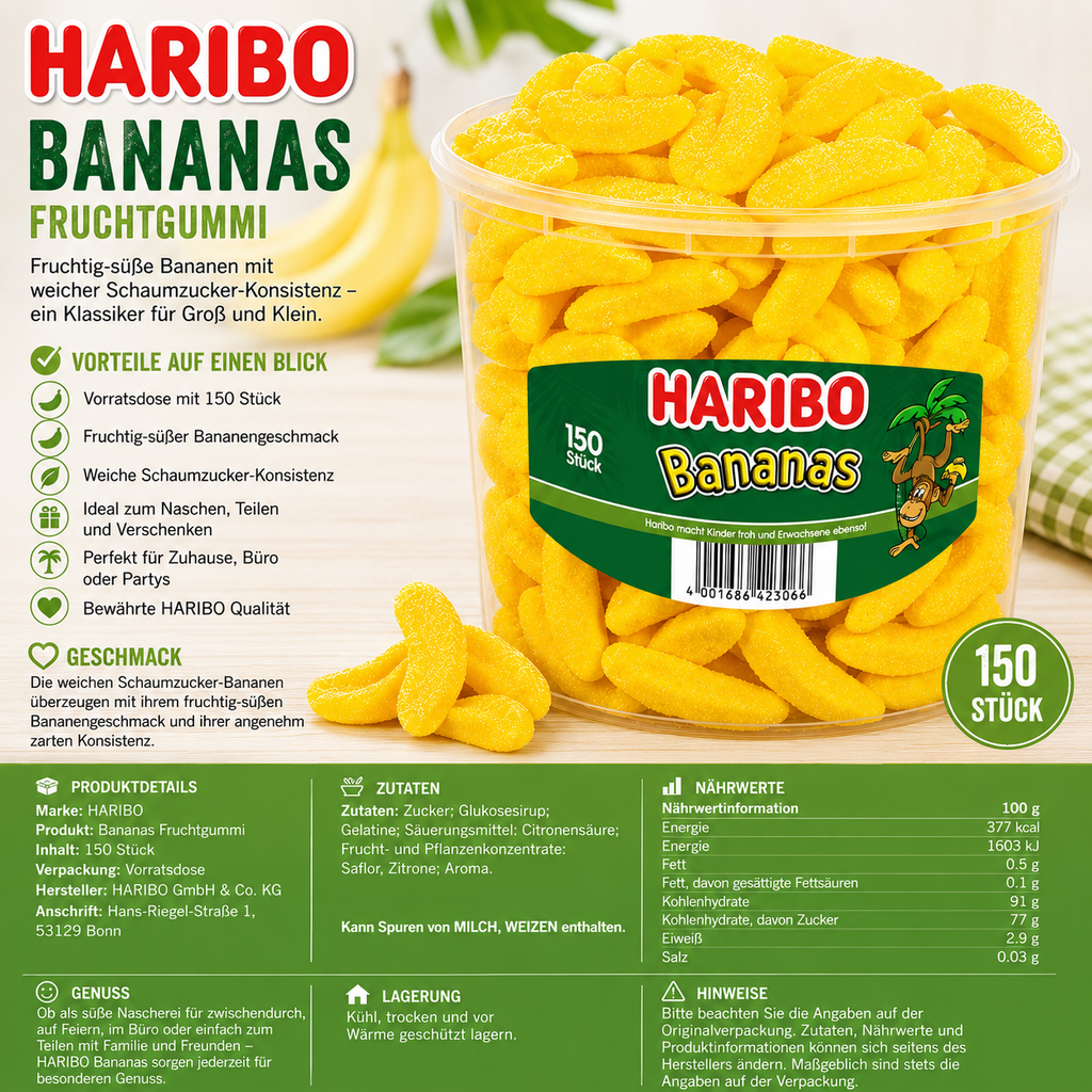 Haribo Bananas 150 Stück - 1,05 kg Dose
