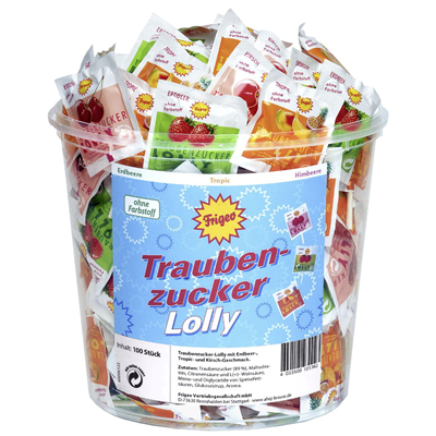 Frigeo Traubenzucker Lolly mit Erdbeer-,Tropic- & Kirschgeschmack, 100 Stück à 7,5 g - 750g Packung