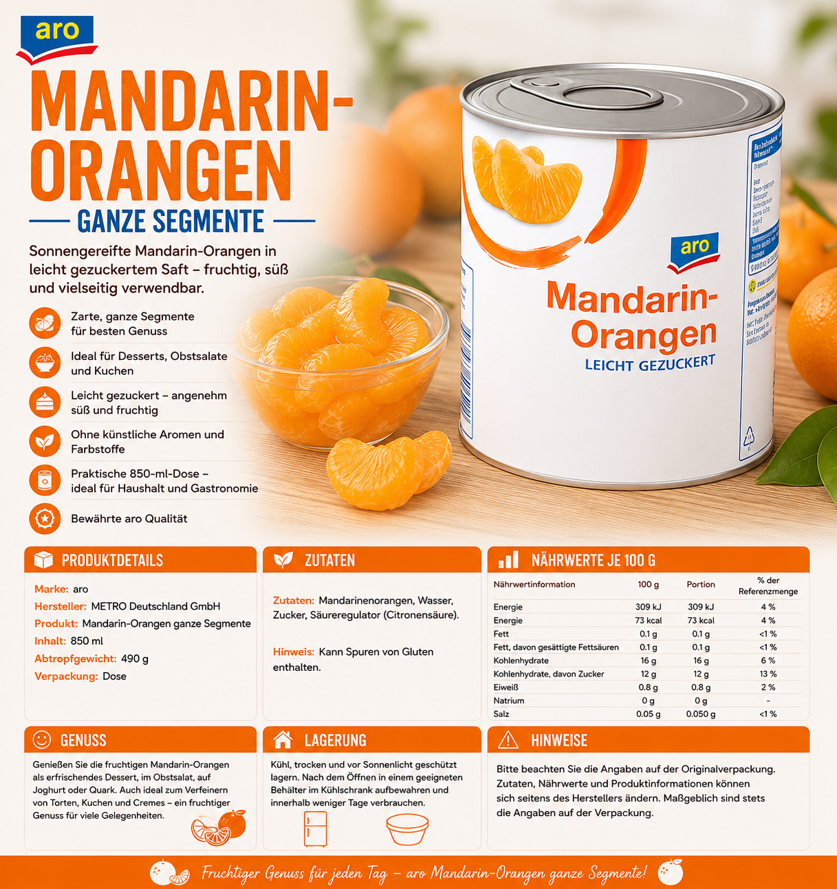 aro Mandarin-Orangen ganze Segmente – 850 ml Dose