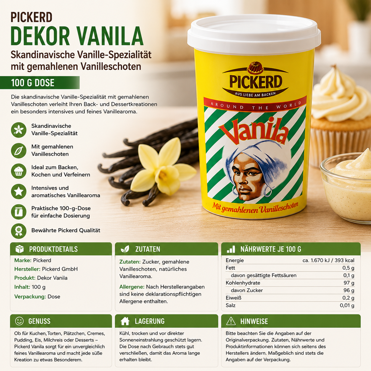 Pickerd Dekor Vanila skandinavische Vanille Spezialität mit gemahlenen Vanilleschoten 100 g Dose